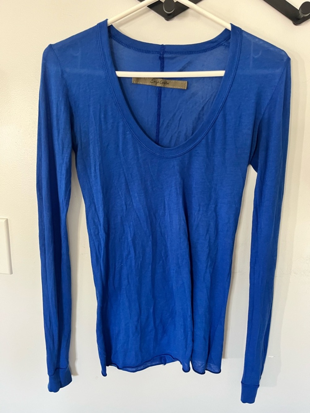 Enza Costa Sheer Cotton Long-Sleeve Scoop Neck Top - Royal Blue - Medium